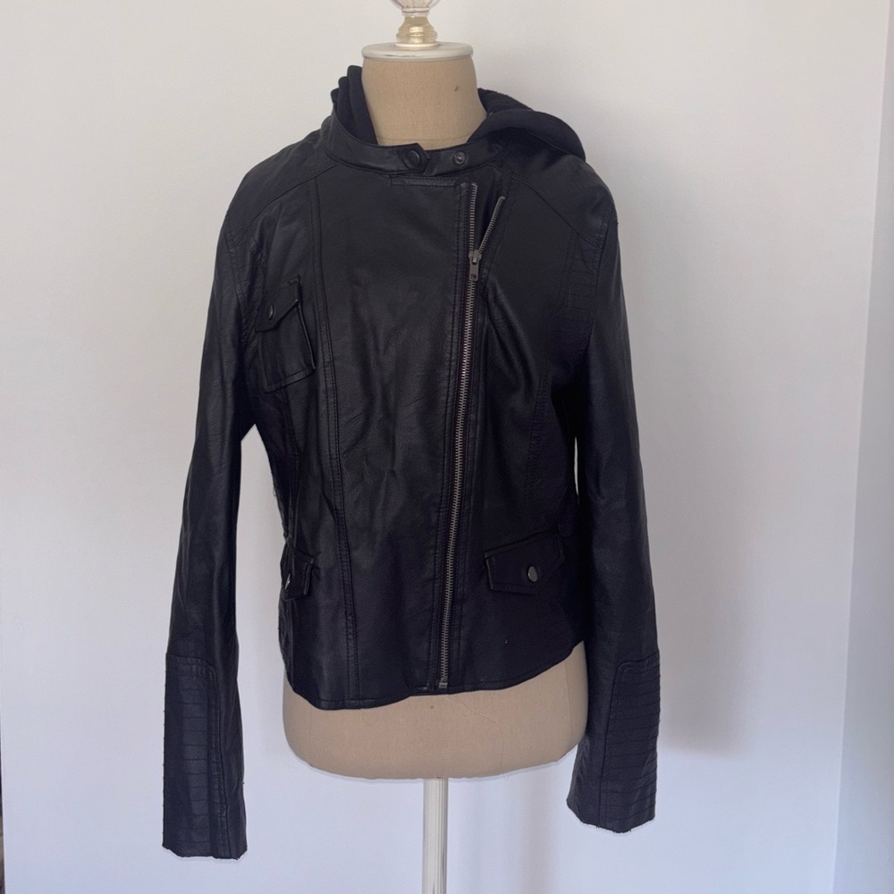 Jack Faux Leather Jacket Hoodie Black Zip M